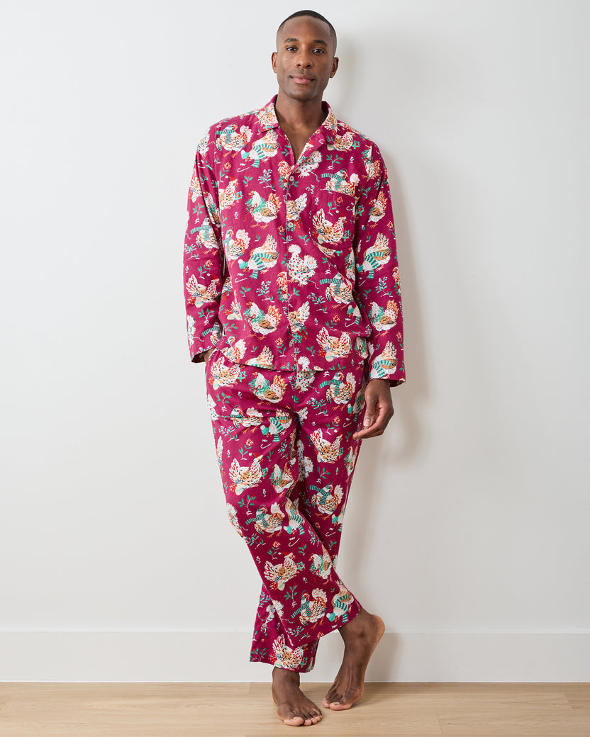 Holiday Hens - Lightweight Flannel Men's Long PJ Set - Burgundy - Printfresh