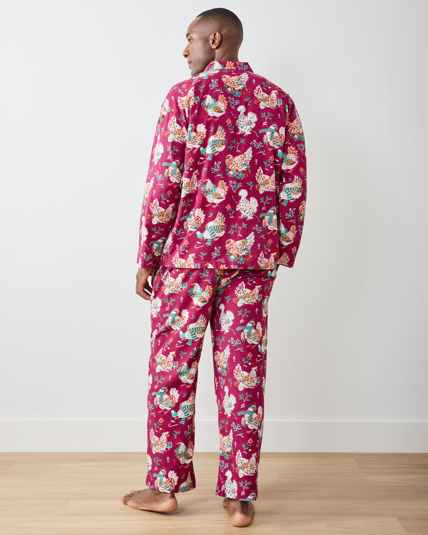 Holiday Hens - Lightweight Flannel Men's Long PJ Set - Burgundy - Printfresh