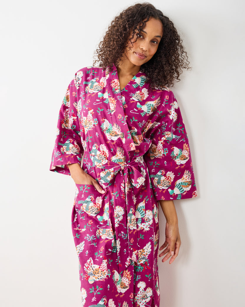 Holiday Hens - Lightweight Flannel Long Robe - Burgundy - Printfresh