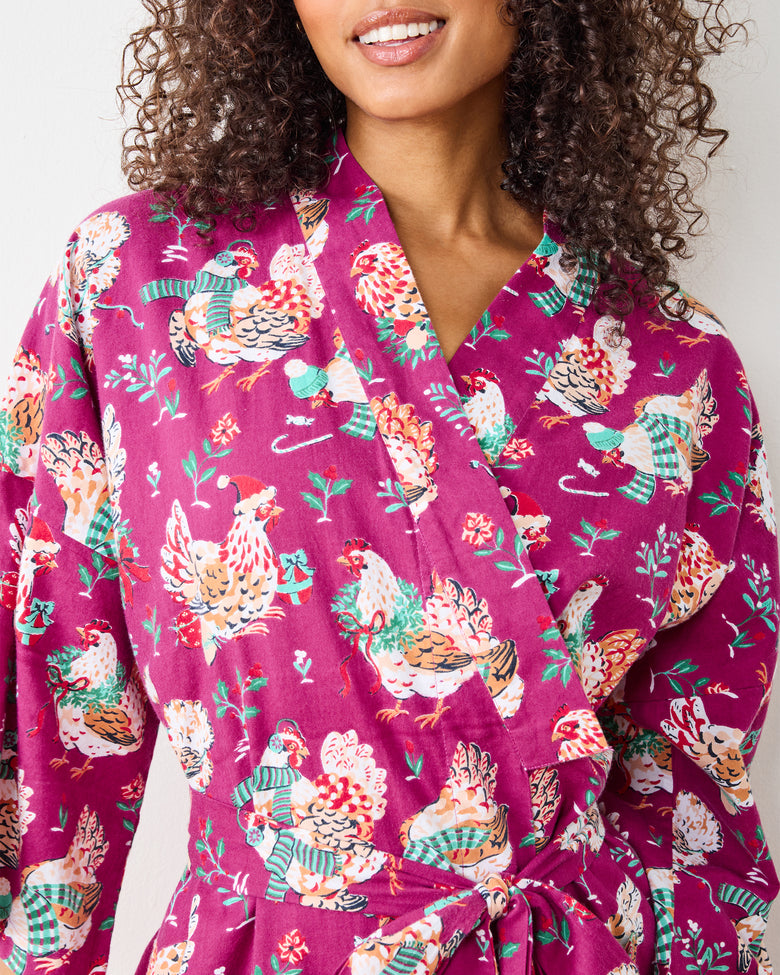 Holiday Hens - Lightweight Flannel Long Robe - Burgundy - Printfresh