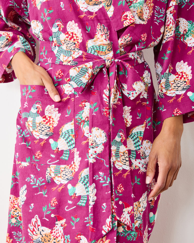 Holiday Hens - Lightweight Flannel Long Robe - Burgundy - Printfresh