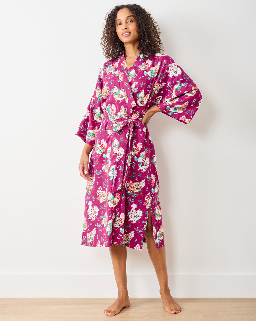 Holiday Hens - Lightweight Flannel Long Robe - Burgundy - Printfresh