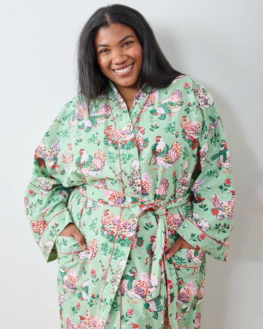 Holiday Hens - Lounge Robe - Sage - Printfresh