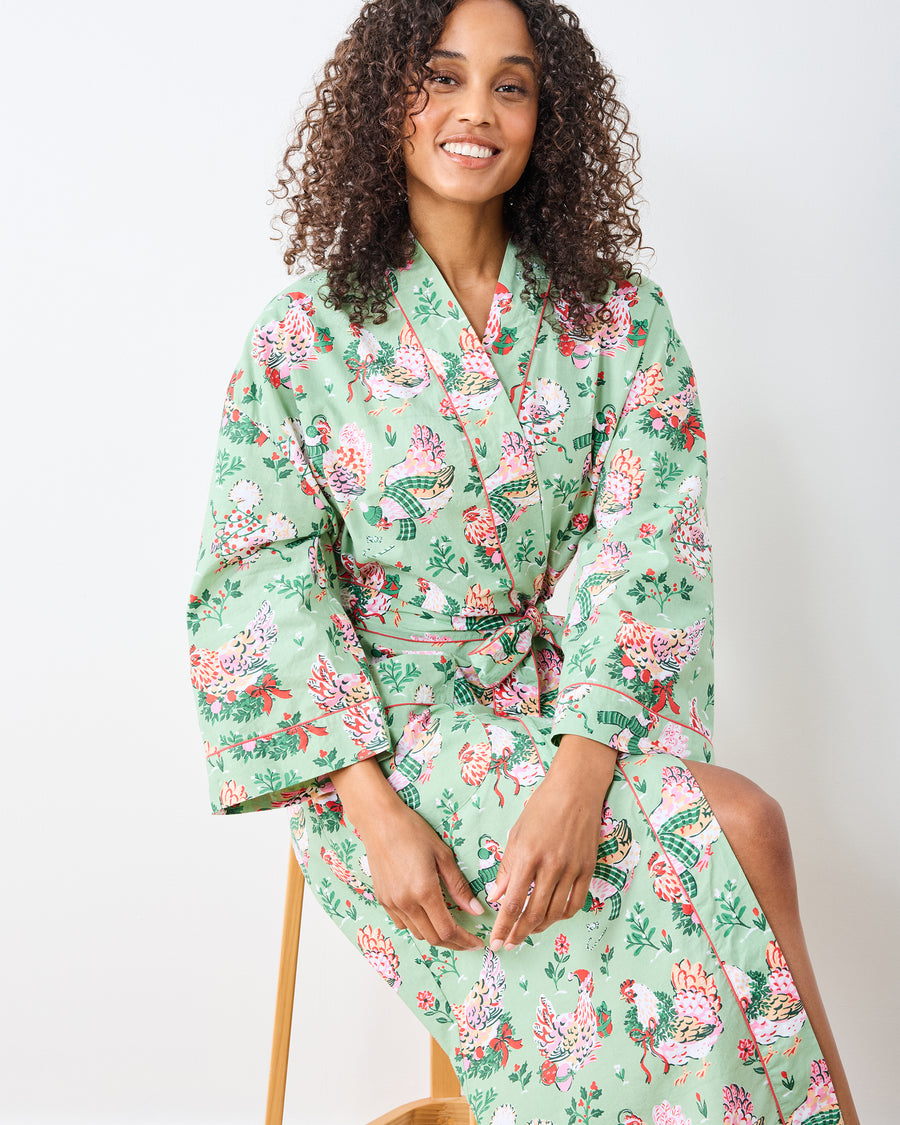 Holiday Hens - Lounge Robe - Sage - Printfresh