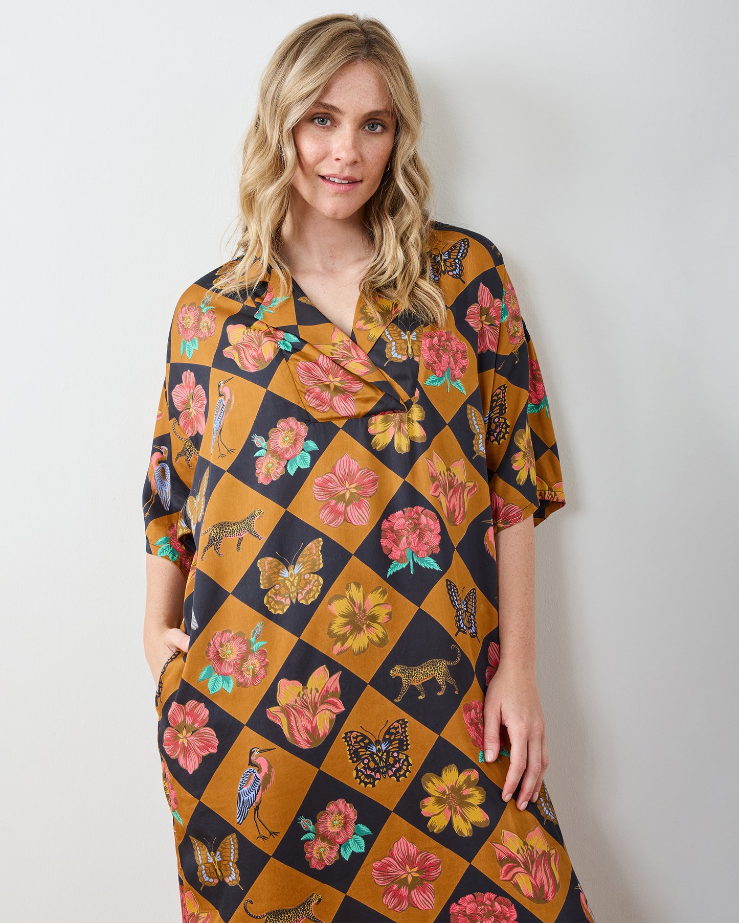 Botanical Checkerboard - Eco Satin Brigitte Nightgown Set - Caramel - Printfresh