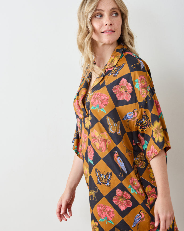 Botanical Checkerboard - Eco Satin Brigitte Nightgown Set - Caramel - Printfresh
