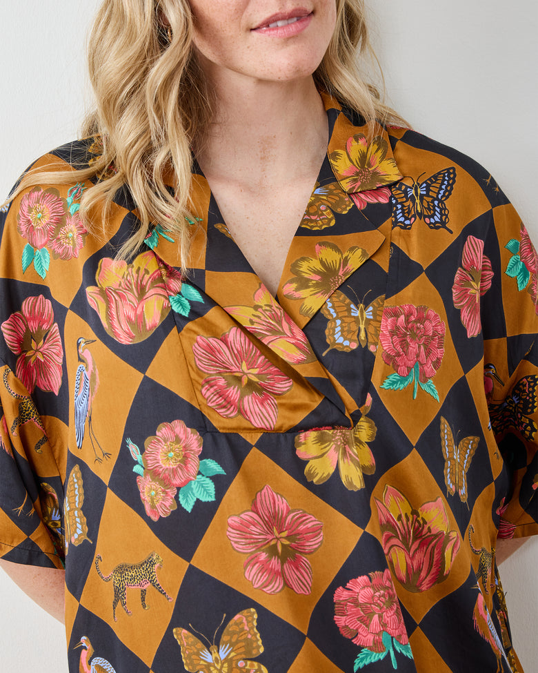 Botanical Checkerboard - Eco Satin Brigitte Nightgown Set - Caramel - Printfresh