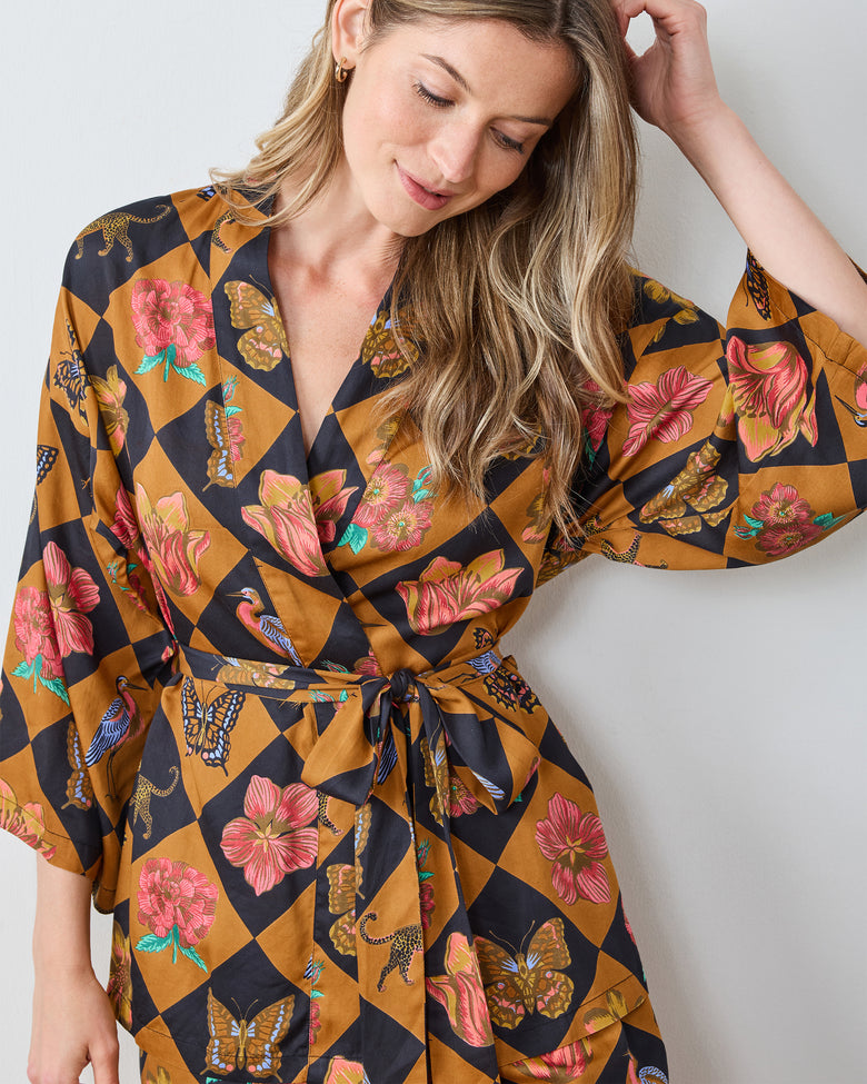 Botanical Checkerboard - Eco Satin Wrap PJ Set - Caramel - Printfresh