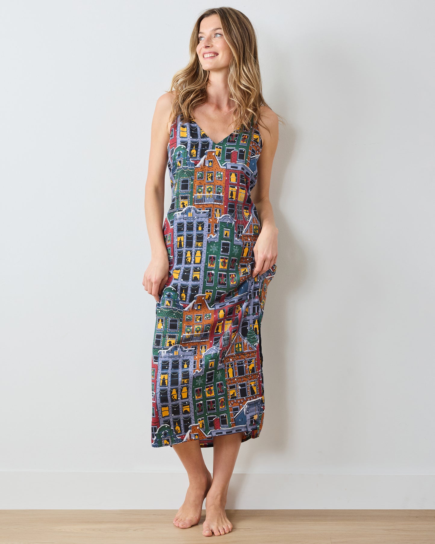 Manhattan Christmas - Eco Satin Chic To Sleep Nightie - Cozy Brownstone - Printfresh