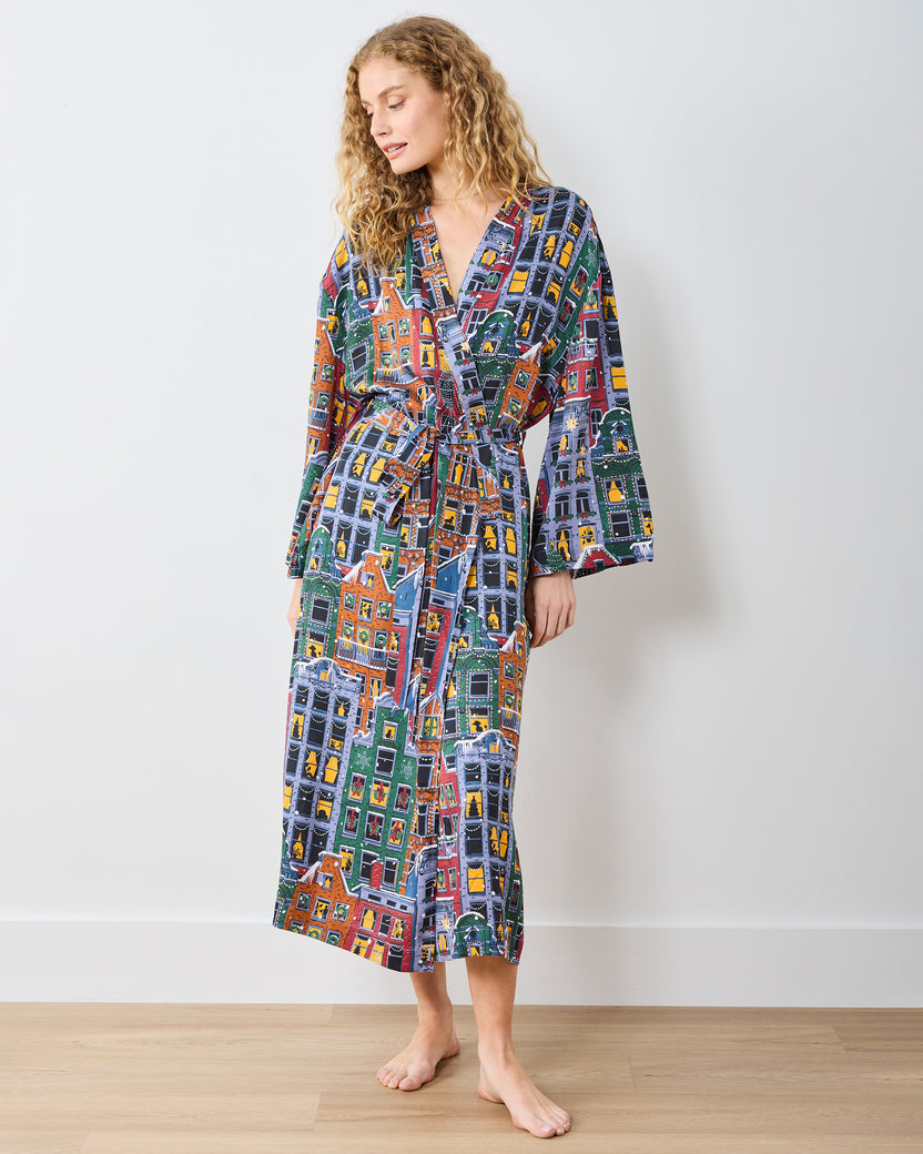 Manhattan Christmas - Eco Satin Joni Robe - Cozy Brownstone - Printfresh