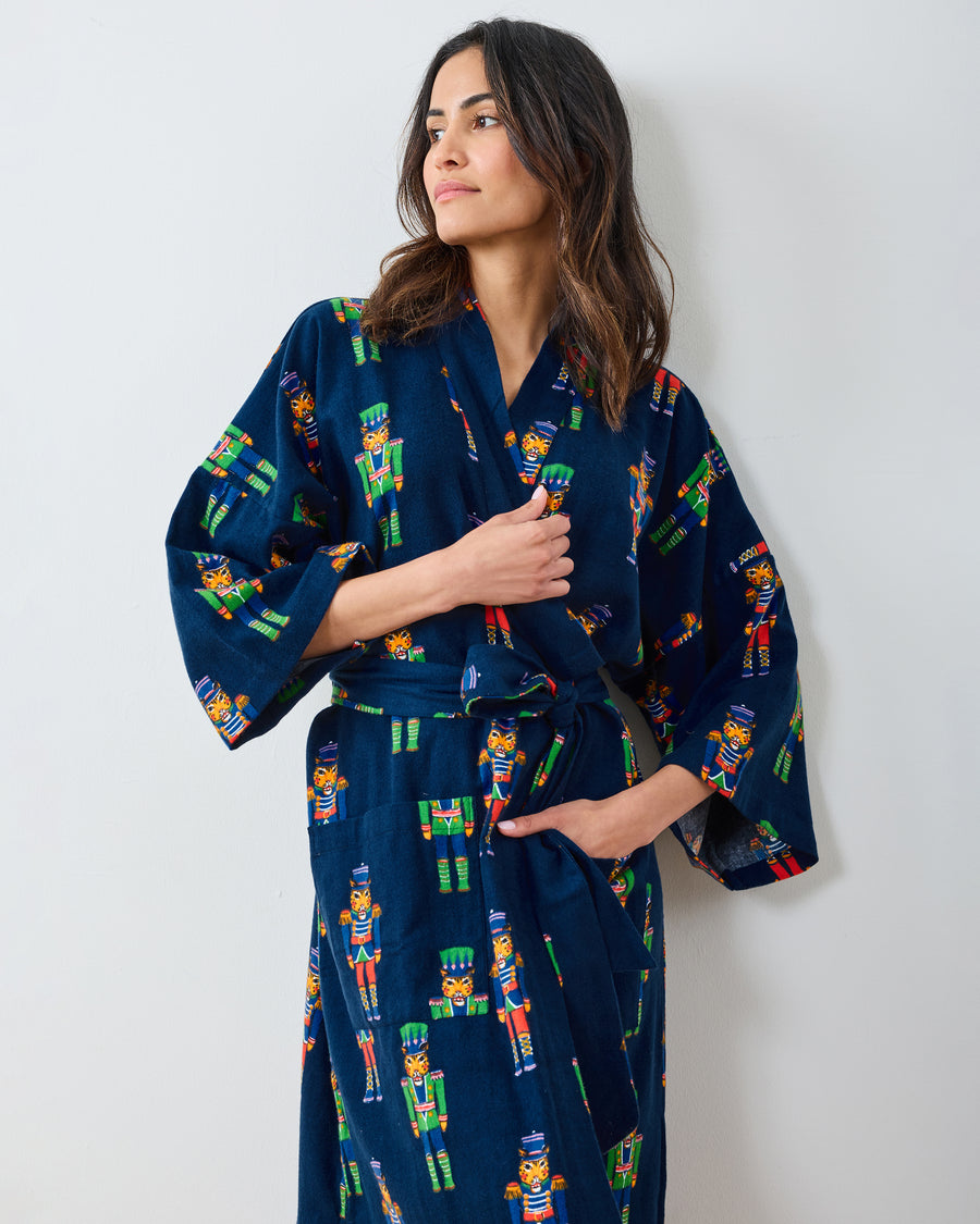 Leopard Nutcrackers - Midweight Flannel Long Robe - Navy - Printfresh