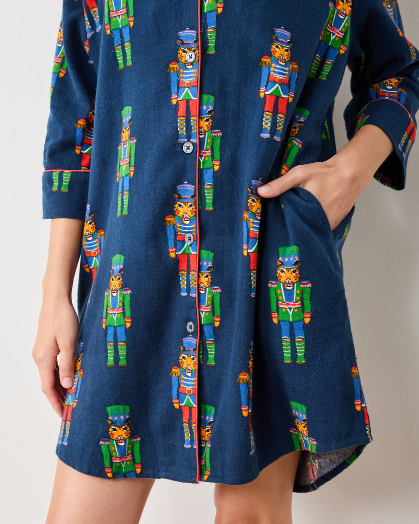 Leopard Nutcrackers - Midweight Flannel Sleep Shirt - Navy - Printfresh