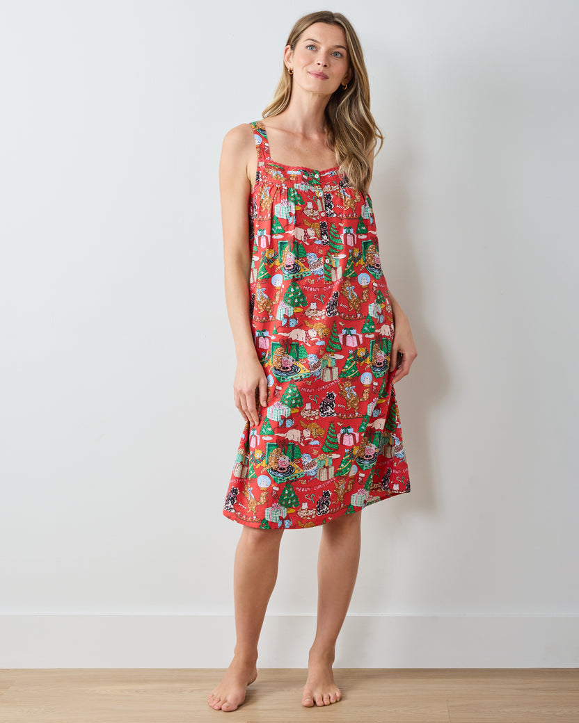 Meowy Christmas - Back to Bed Nightgown - Red Bow - Printfresh