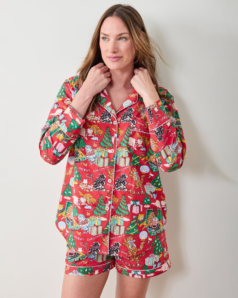 Meowy Christmas - Long Sleeve Top & Shorts Set - Red Bow - Printfresh