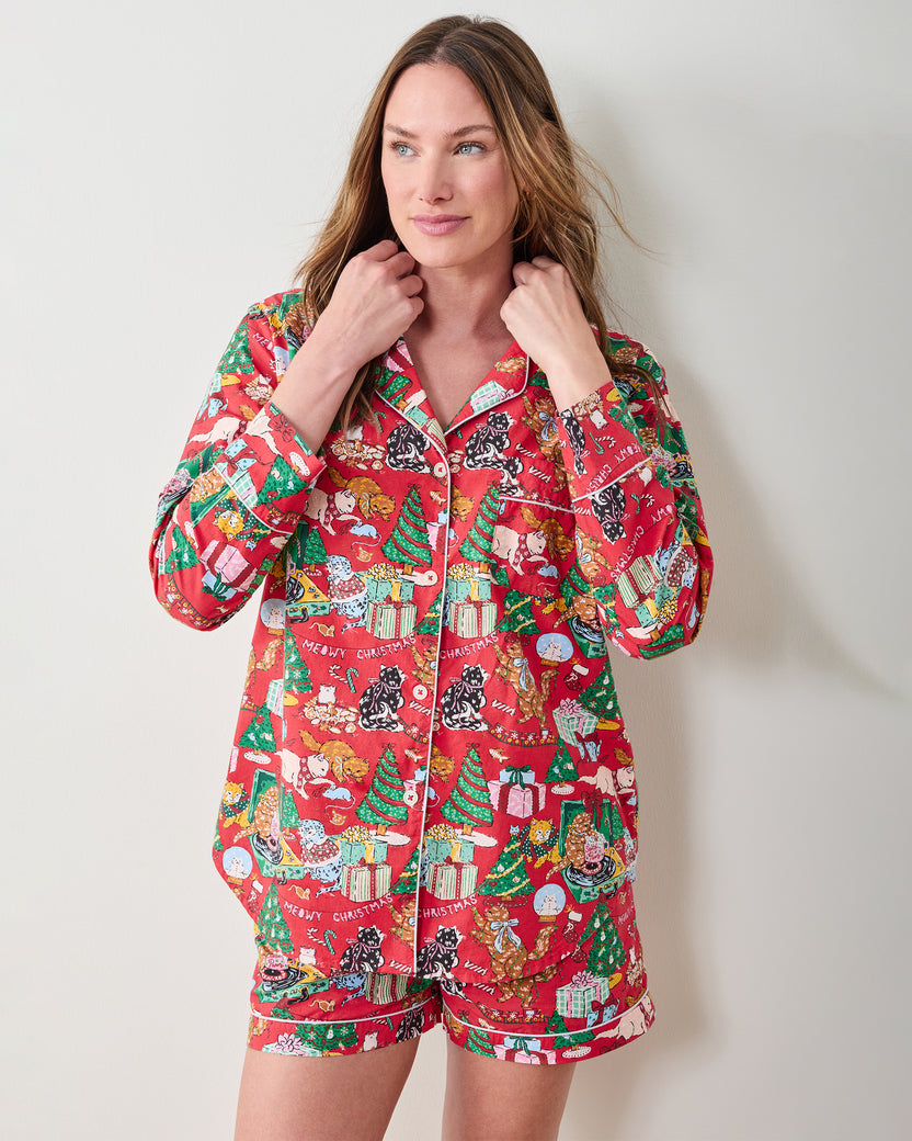 Meowy Christmas - Long Sleeve Top & Shorts Set - Red Bow - Printfresh