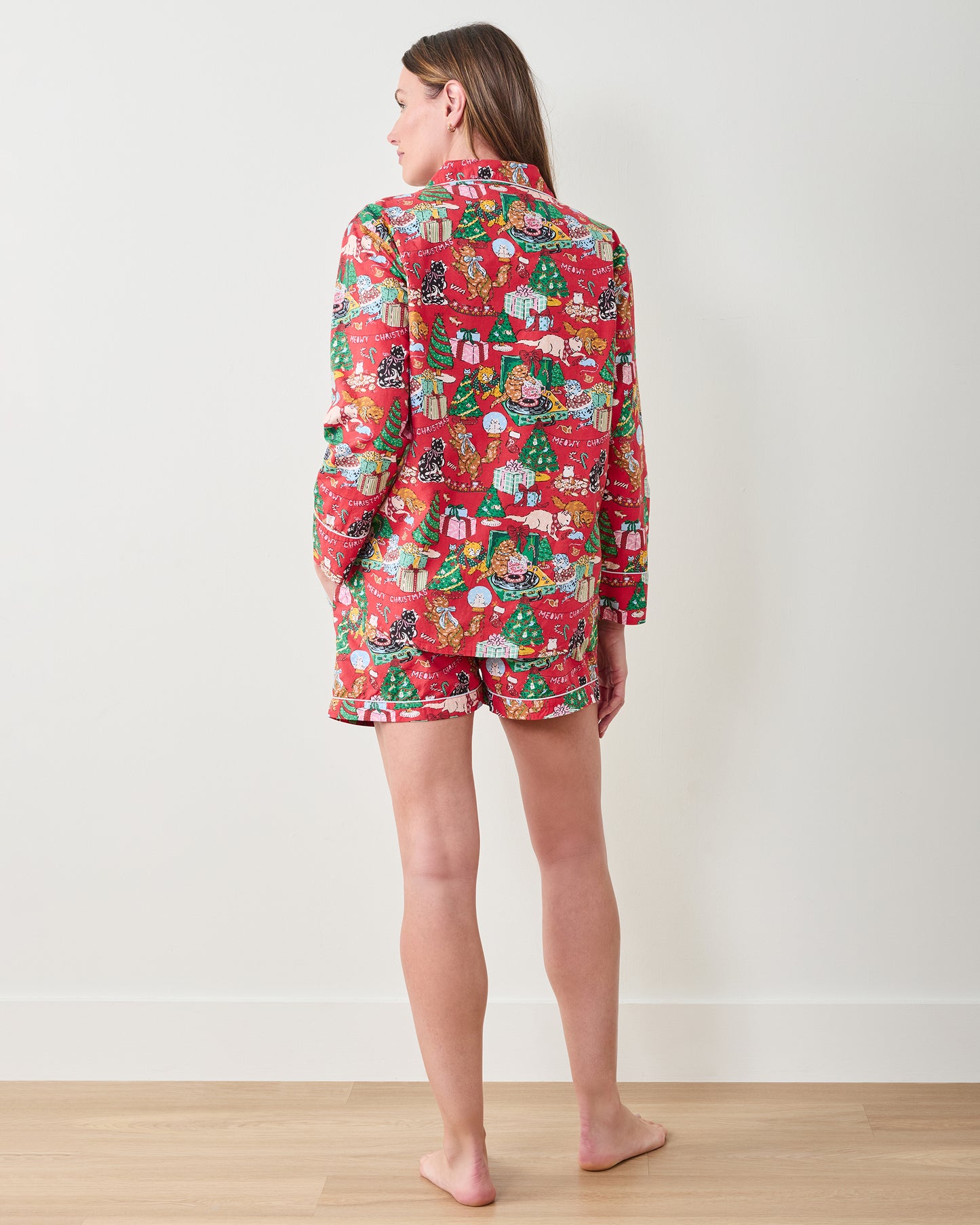 Meowy Christmas - Long Sleeve Top & Shorts Set - Red Bow - Printfresh