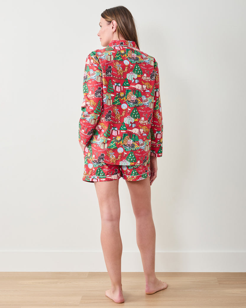 Meowy Christmas - Long Sleeve Top & Shorts Set - Red Bow - Printfresh
