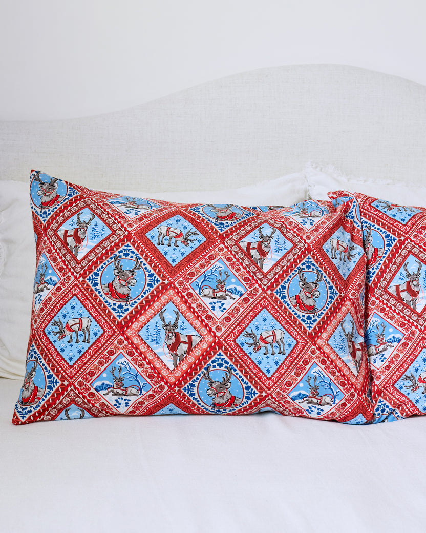 Reindeer Games - Lightweight Flannel Pillowcase Set of 2 - Red Sleigh - Printfresh