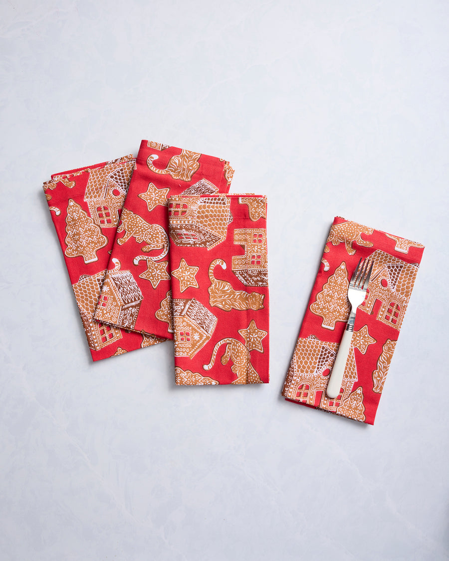 Gingerbread Party - Dinner Napkins Set of 4 - Ruby - Printfresh