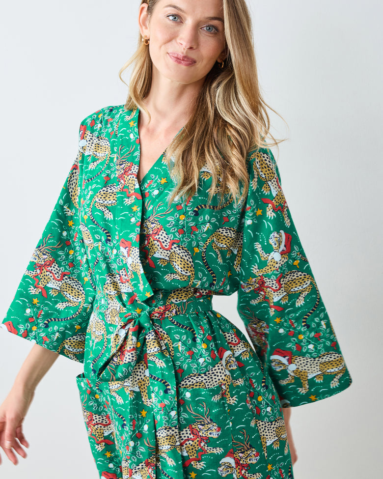 Very Merry Bagheera - Lightweight Flannel Long Robe - Mistletoe - Printfresh