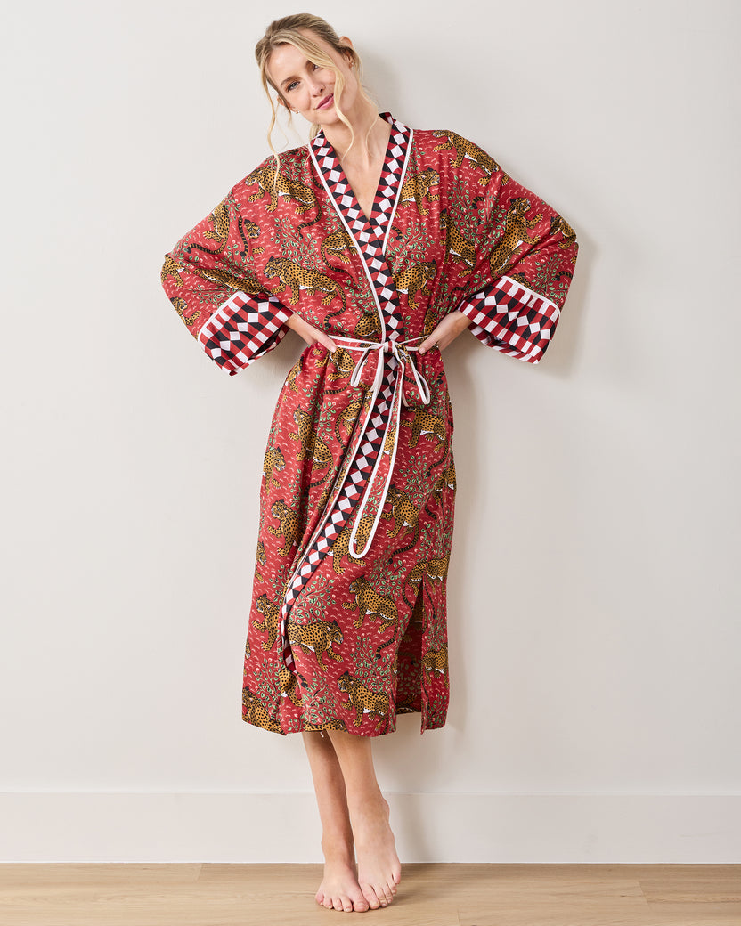 Front view of the Scarlet Bagheera leopard-print robe showing the contrasting trim, wide sleeves, and tied waist.