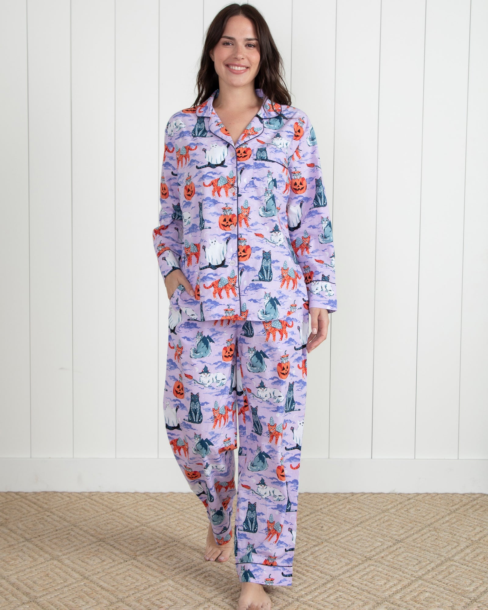 Halloween House Cats - Petite Long PJ Set - Lavender - Printfresh