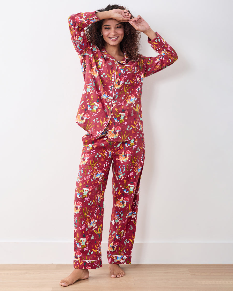 Gnome Garden - Midweight Flannel Long PJ Set - Garnet - Printfresh