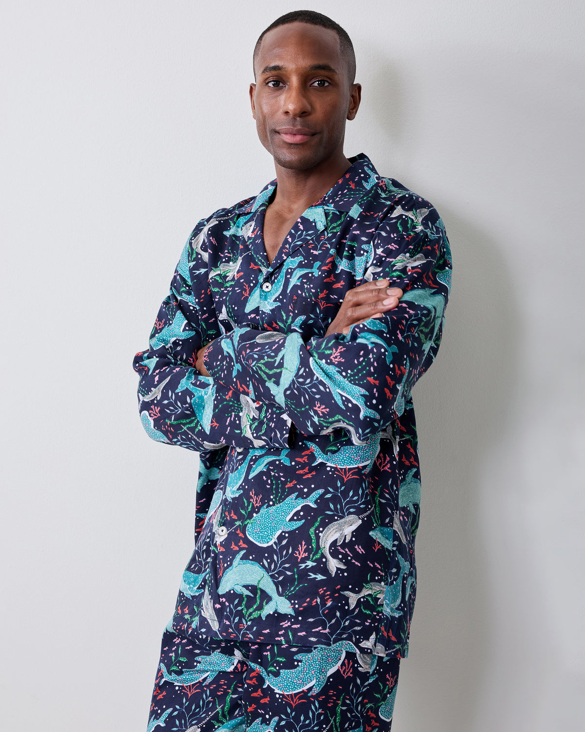 Front close-up of the Arctic Sealife long pajama set showing the collar, buttons, and marine-life print.