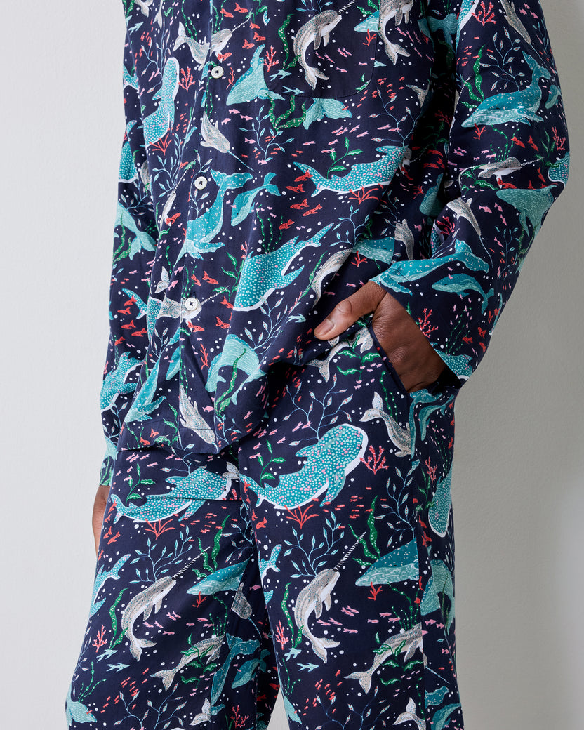 Close-up of the Arctic Sealife pajama top and pants showing the marine-life print and side pocket.