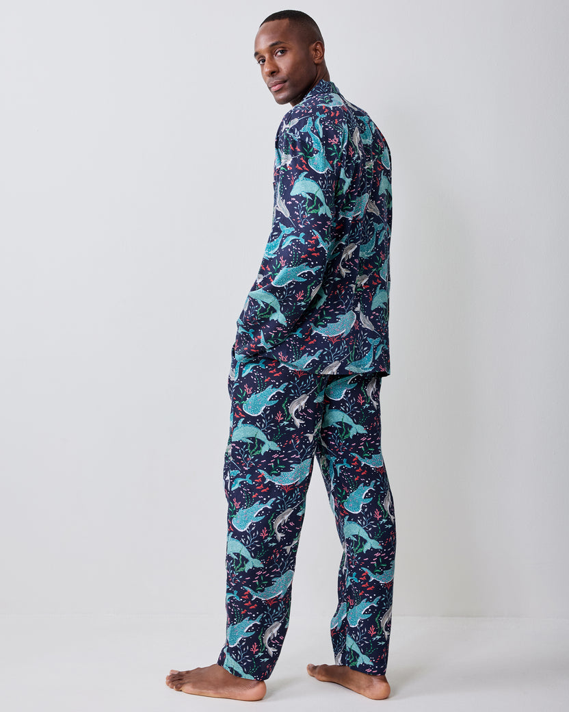 Back view of the Arctic Sealife long pajama set with a dark navy marine-life print.