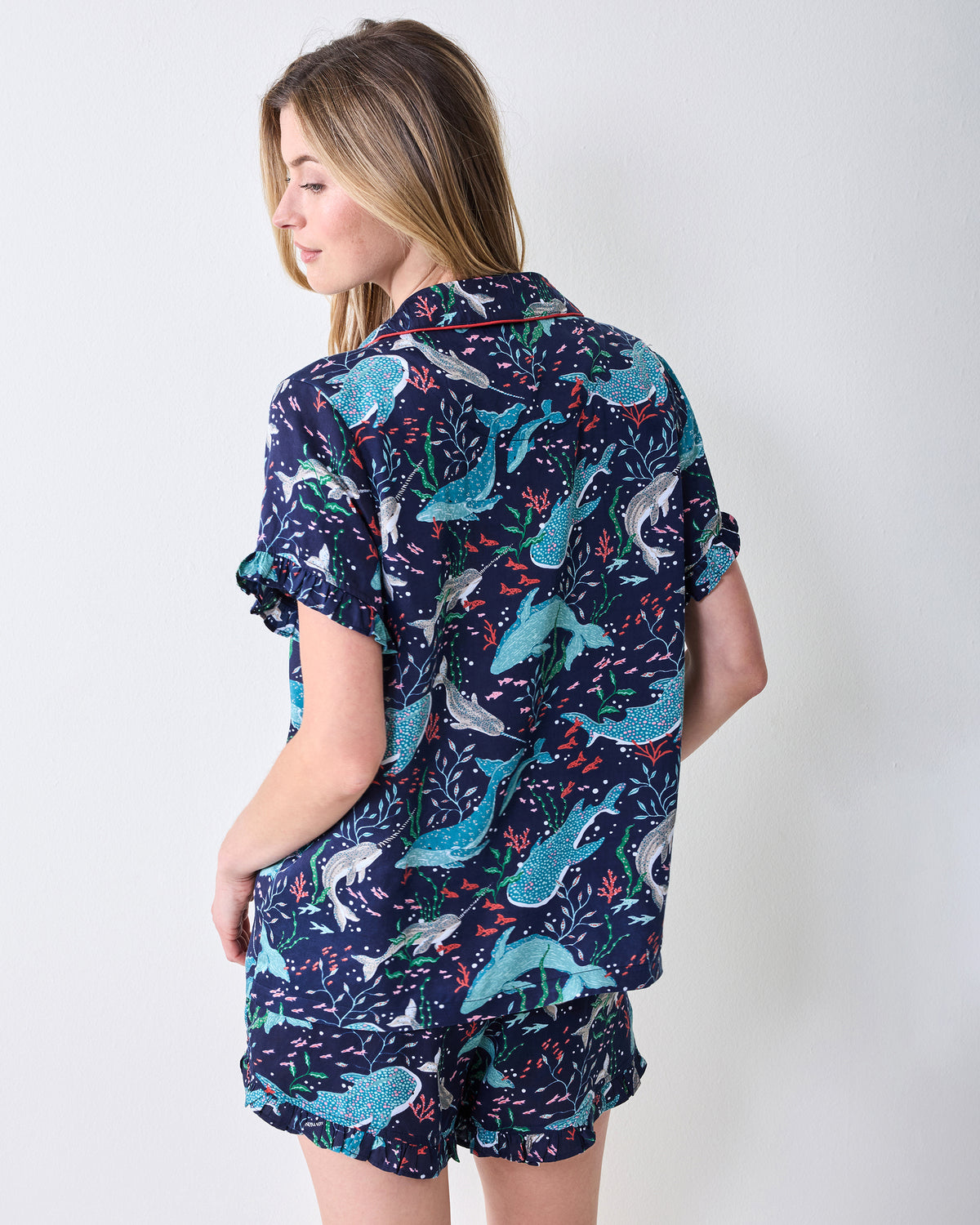Back view of a navy Arctic sea-life print short-sleeved top and ruffle-trim shorts set
