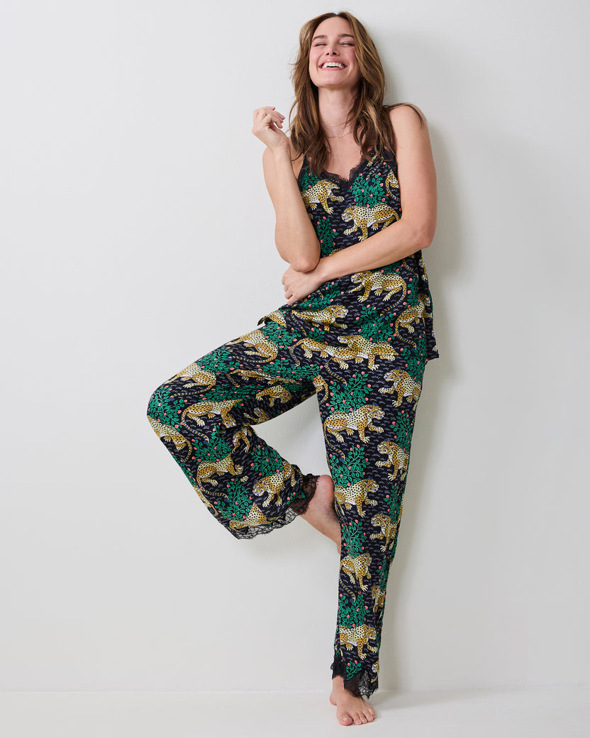 Full view of the Bagheera Eco Satin Georgia Set, showing the printed camisole and matching pants with lace-trimmed hems.