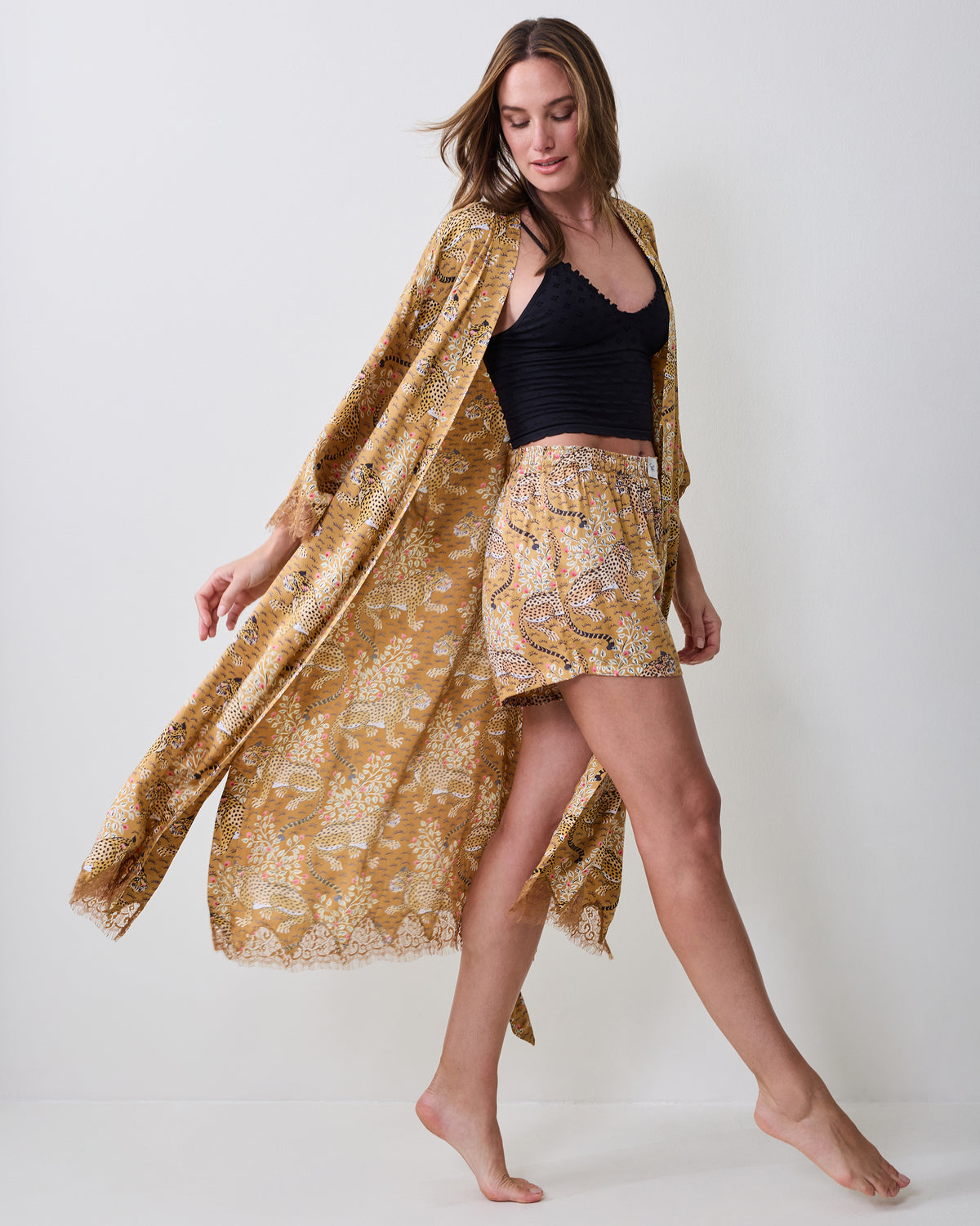 Bagheera Tobacco leopard-print lace robe shown full length with a matching belt and open front.