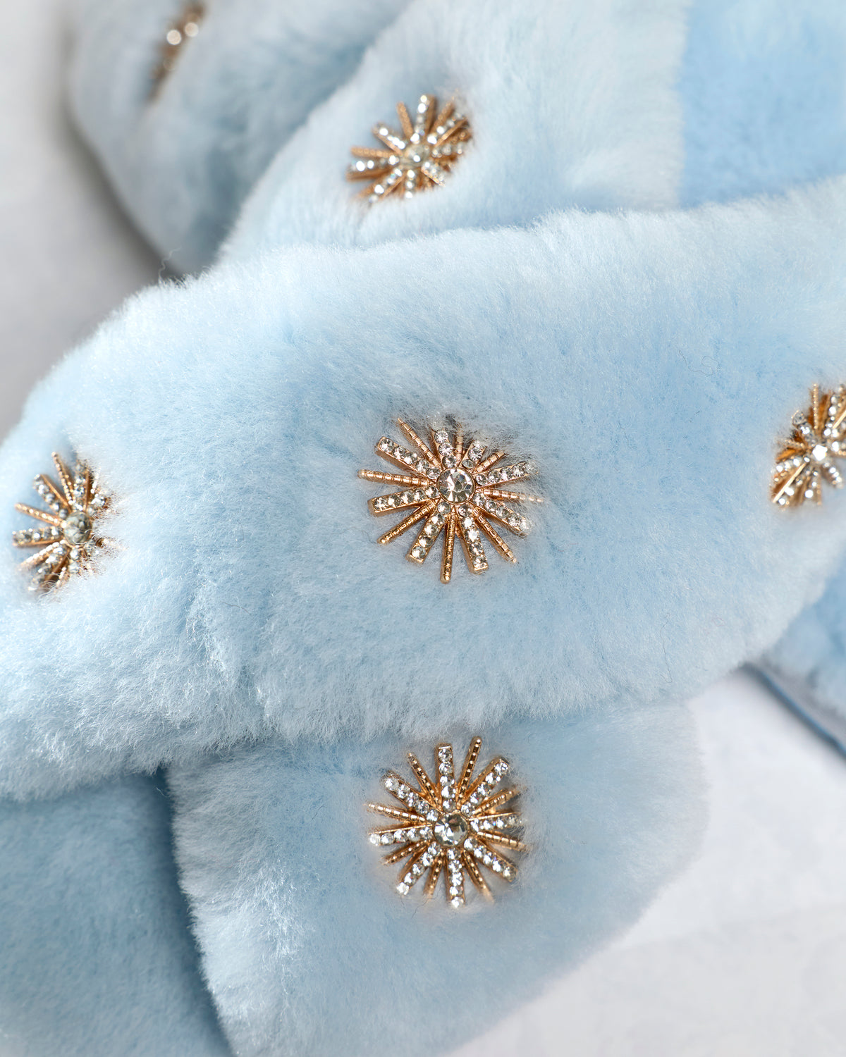 Close-up of rhinestone starburst embellishments on dusty blue sheepskin slipper uppers.