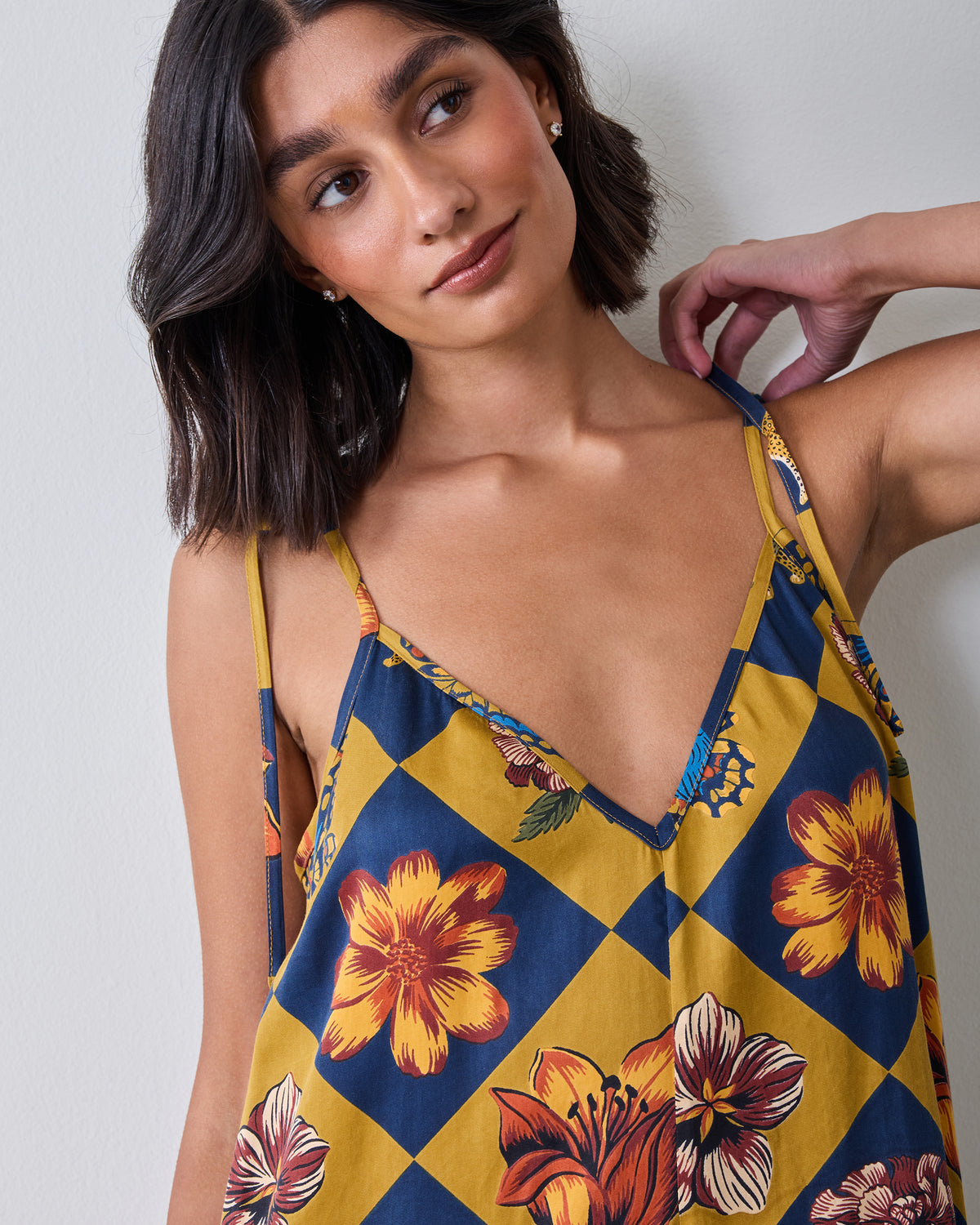 Botanical Checkerboard - Eco Satin Jaipur Jumpsuit - Golden Hour