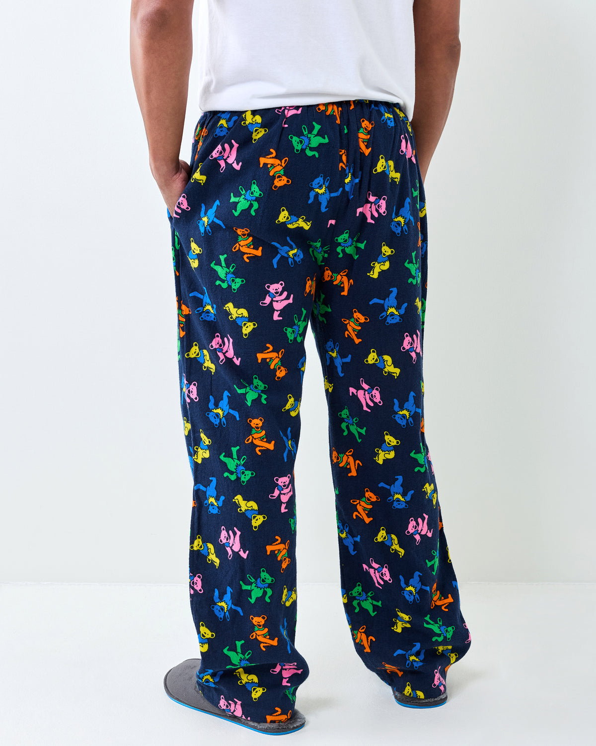Back view of the Dancing Bears long pajama pants, showing the full colorful bear print and relaxed legs.