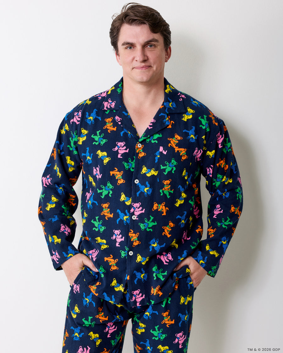 Front view of a person wearing the Dancing Bears men's long pajama set.