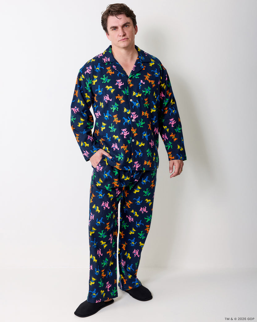 Full-length view of a person wearing the Dancing Bears men's long pajama set.