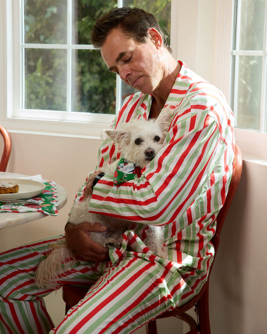 Person wearing the Elf Stripes sage and cherry long pajama set while holding a small dog.