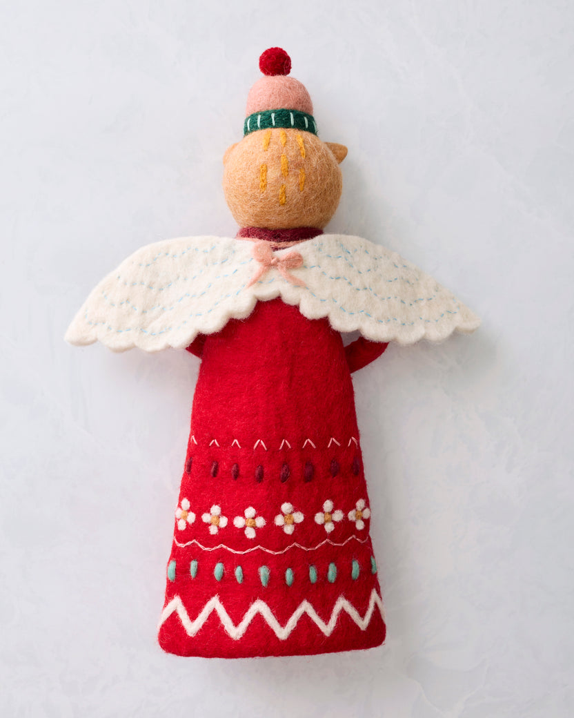 Back view of the red cat tree topper showing its white wings, winter hat, and plain red back.