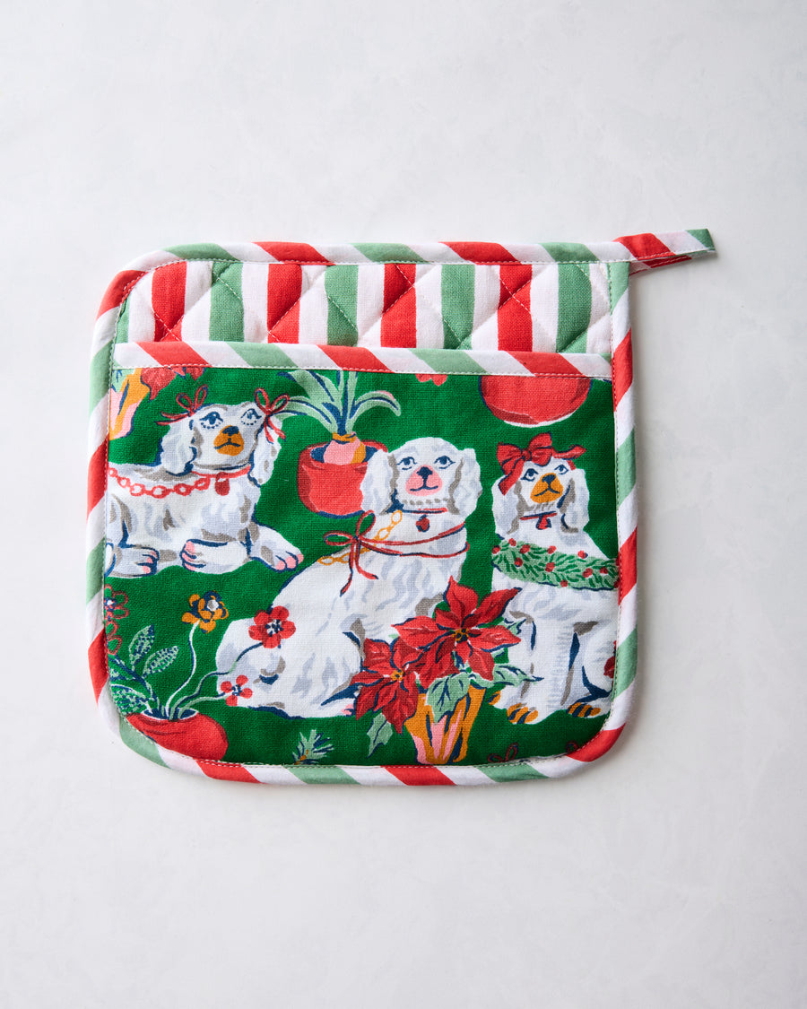 Front of the Good Dog Christmas pot holder with dog illustrations and red-and-green striped trim