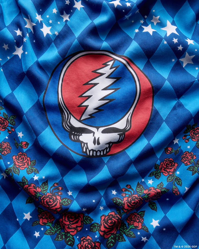 Close-up of the blue argyle print with white stars, red roses, and a large skull-and-lightning graphic.