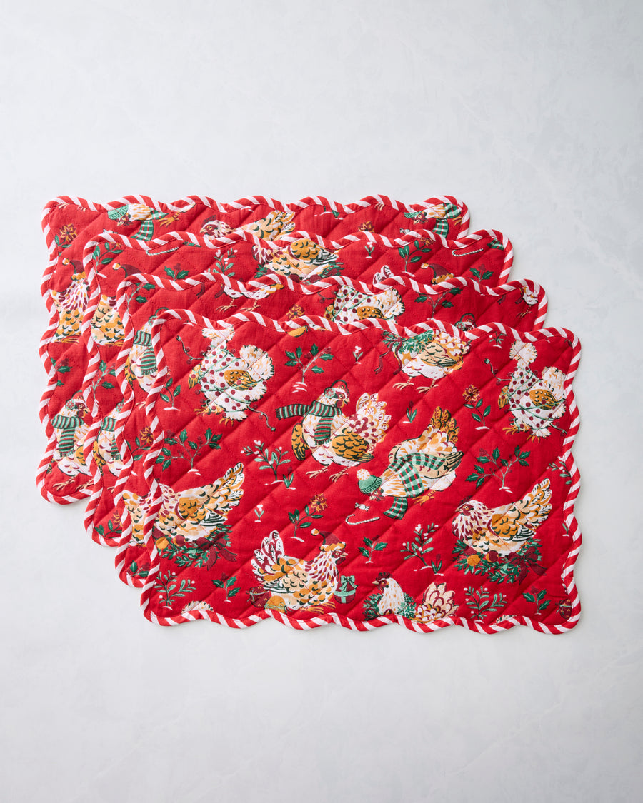 Holiday Hens - Set of 4 Placemats - Red
