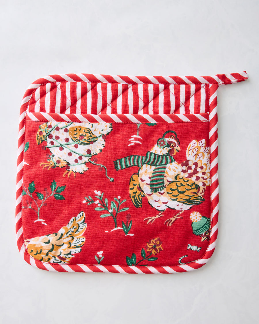 Red square pot holder with chicken and greenery illustrations, candy-cane striped border, and hanging loop.