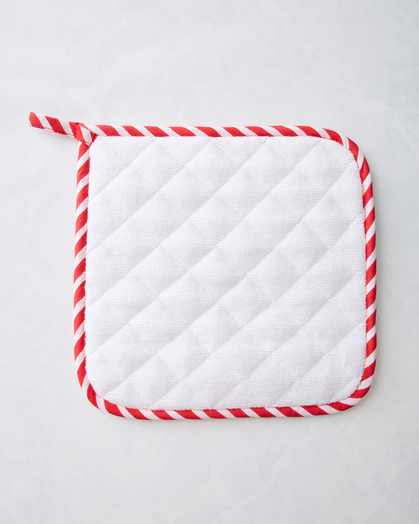 White quilted square pot holder with red-and-white striped trim