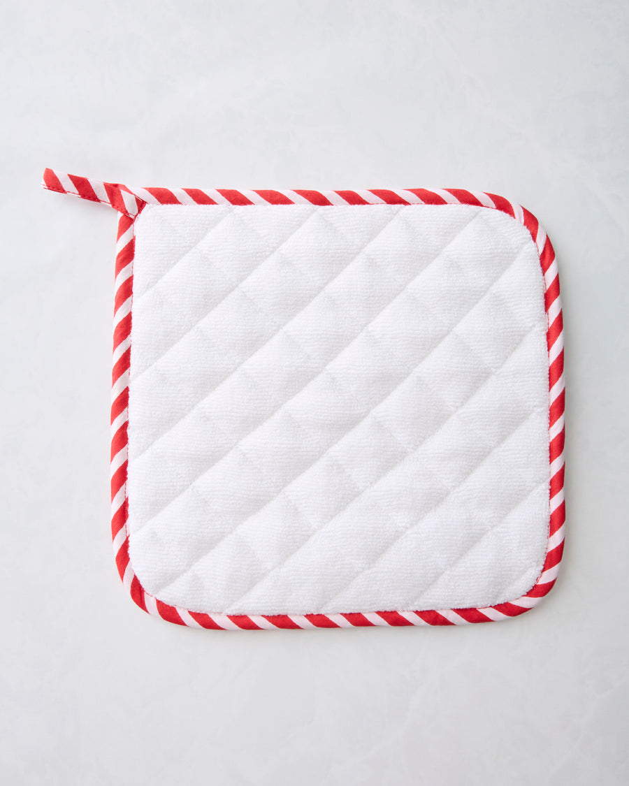 White quilted square pot holder with red-and-white striped trim