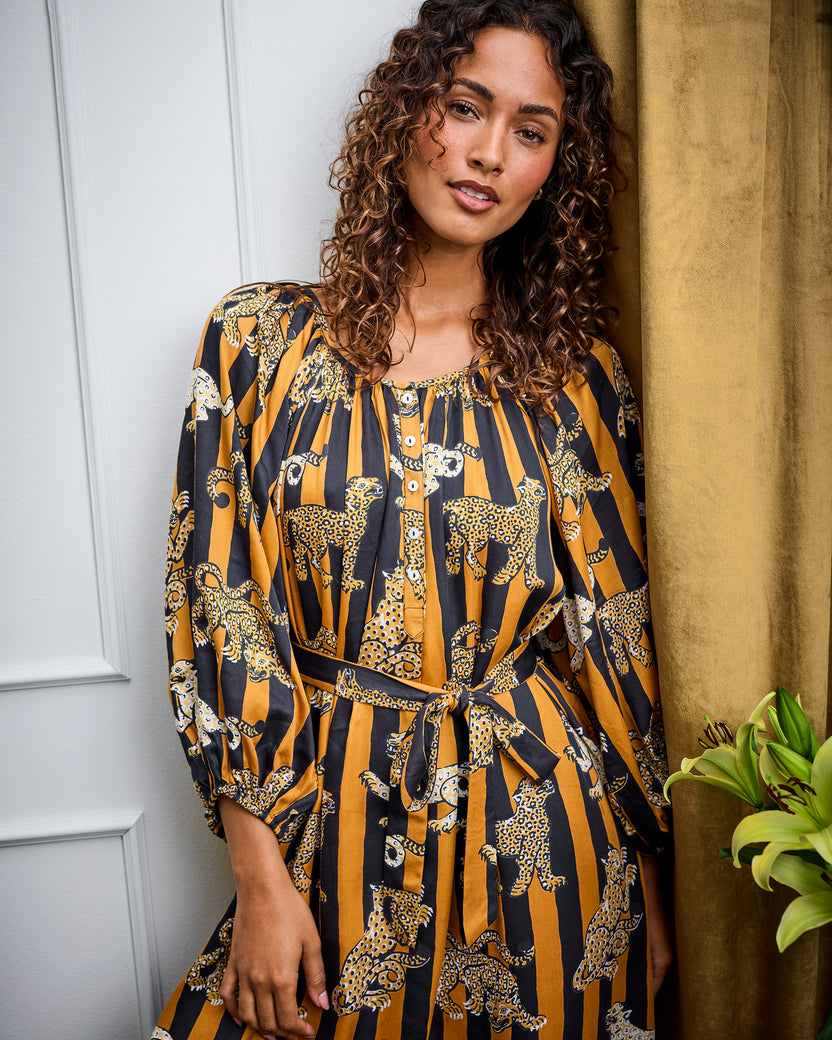 Front view of the Leopard Stripes Felicity dress on a model, showing the long sleeves, waist tie, and mustard-and-black leopard stripe print.
