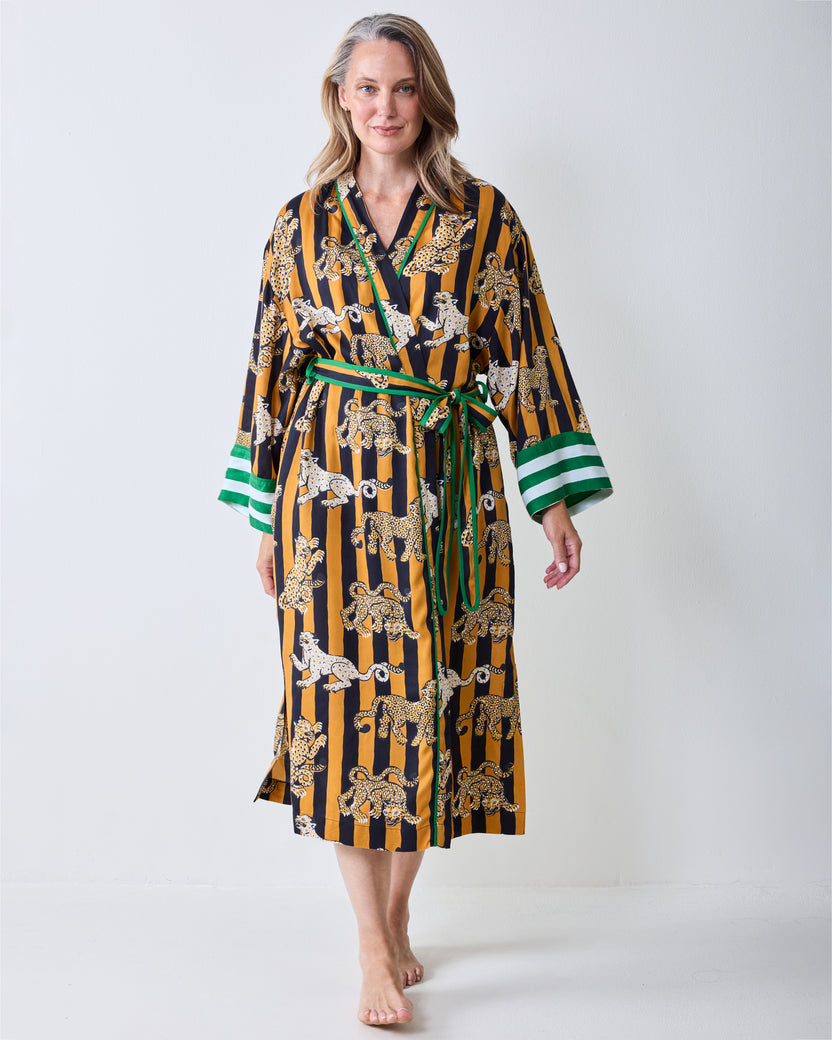 Front view of a butterscotch striped leopard-print robe with a green-and-white striped cuff trim and waist ties.