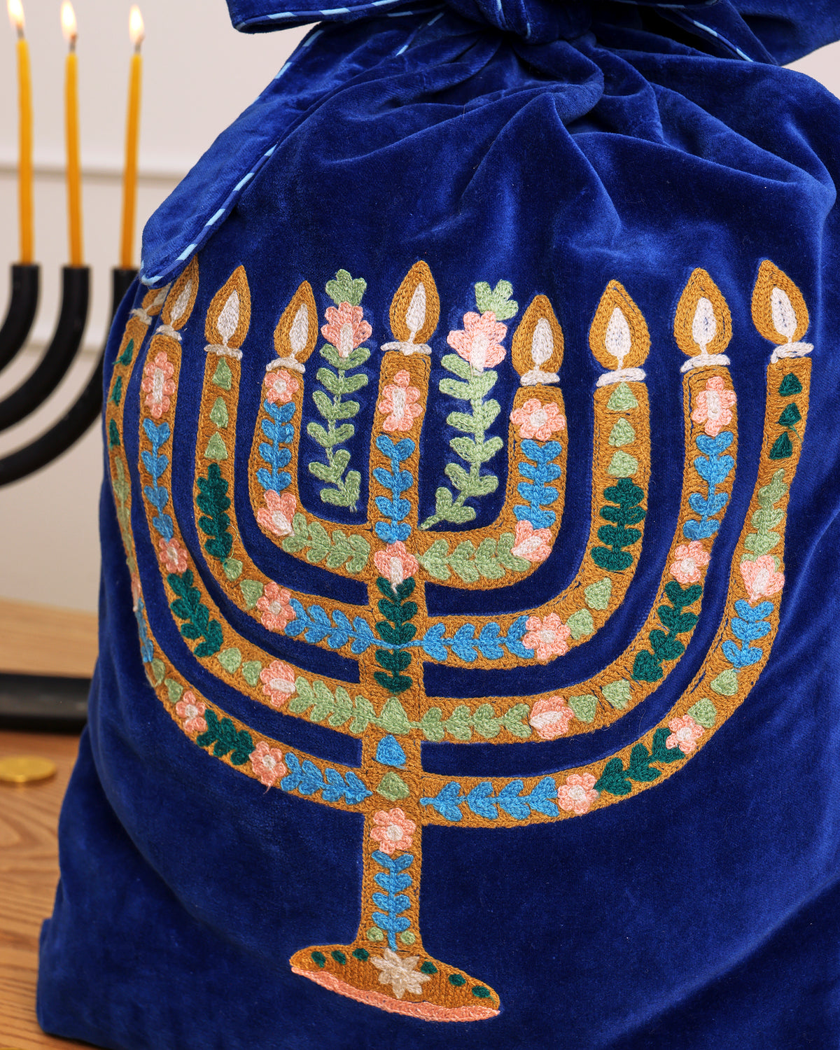 Love & Light - Embroidered Gift Sack - Hanukkah Blue