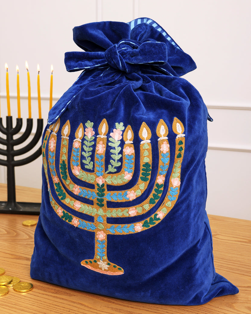 Love & Light - Embroidered Gift Sack - Hanukkah Blue